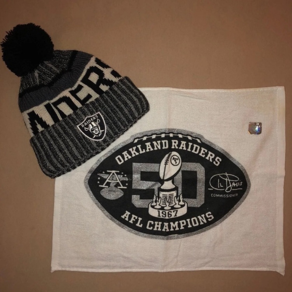 Raiders beanie with NFL rally towel